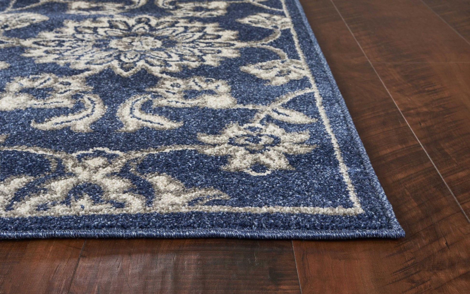 7' X 9' Blue And Ivory Floral Medallion Area Rug-Area Rugs-DECOROLALA
