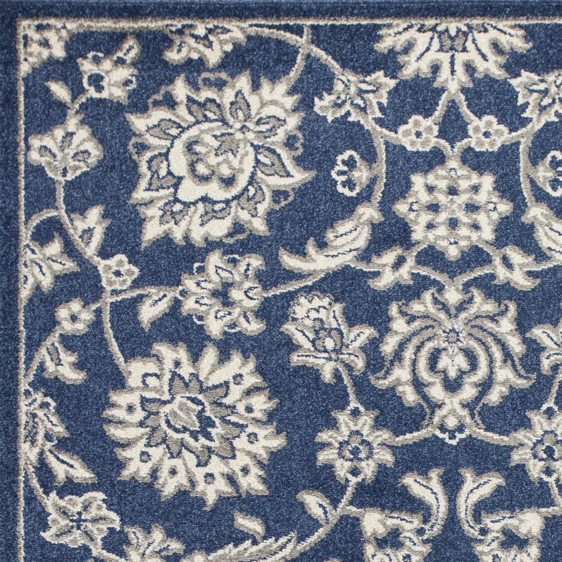 7' X 9' Blue And Ivory Floral Medallion Area Rug-Area Rugs-DECOROLALA