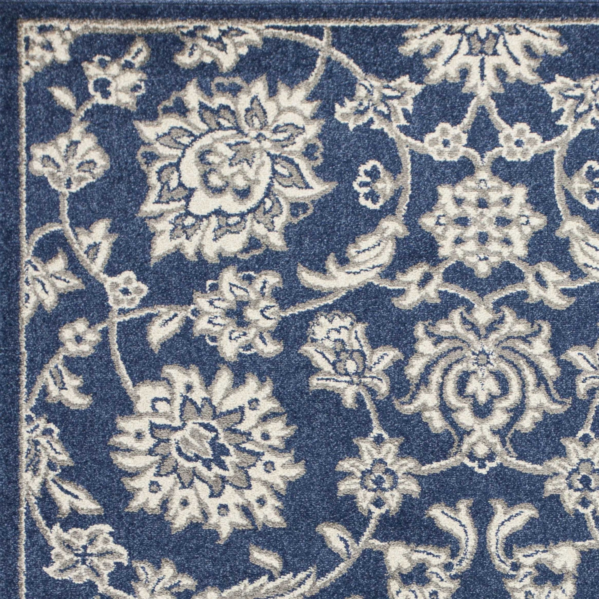 7' X 9' Blue And Ivory Floral Medallion Area Rug-Area Rugs-DECOROLALA