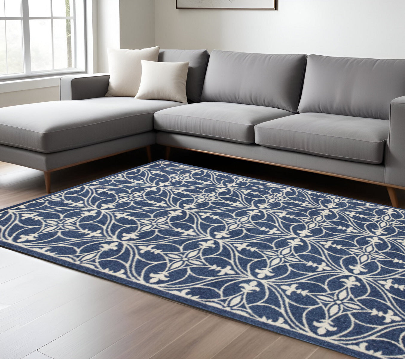 7' X 9' Blue And Ivory Floral Medallion Area Rug-Area Rugs-DECOROLALA