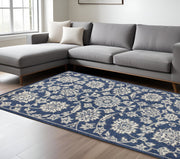 7' X 9' Blue And Ivory Floral Medallion Area Rug-Area Rugs-DECOROLALA