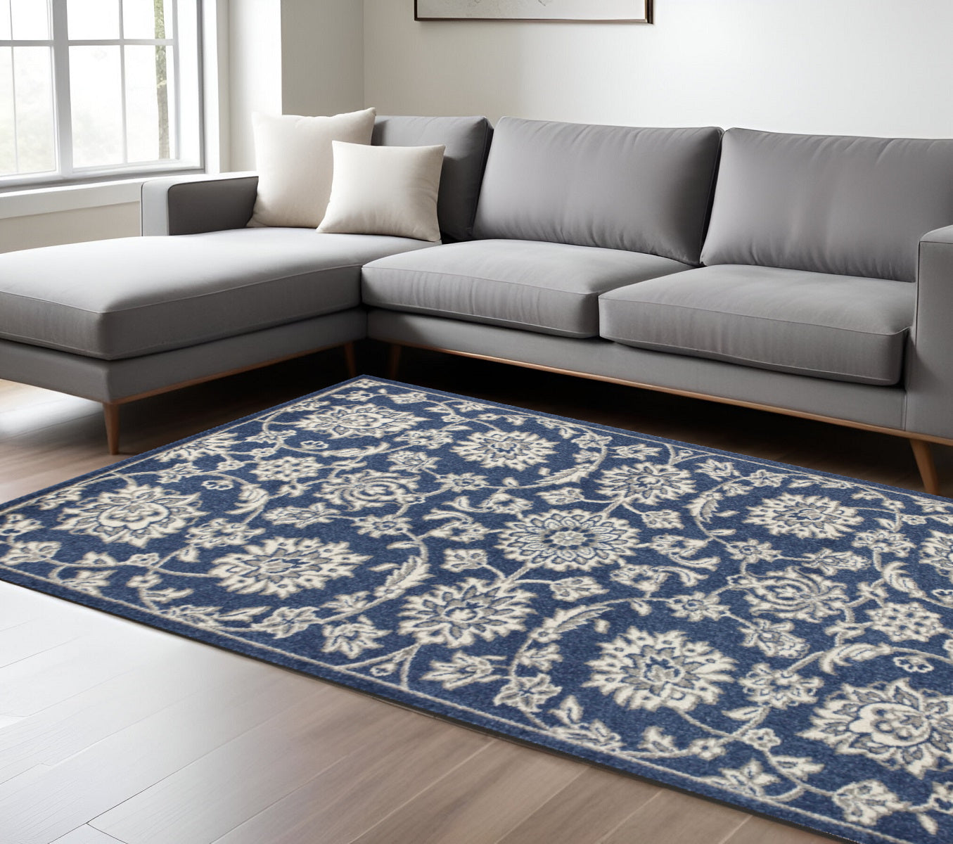 7' X 9' Blue And Ivory Floral Medallion Area Rug-Area Rugs-DECOROLALA