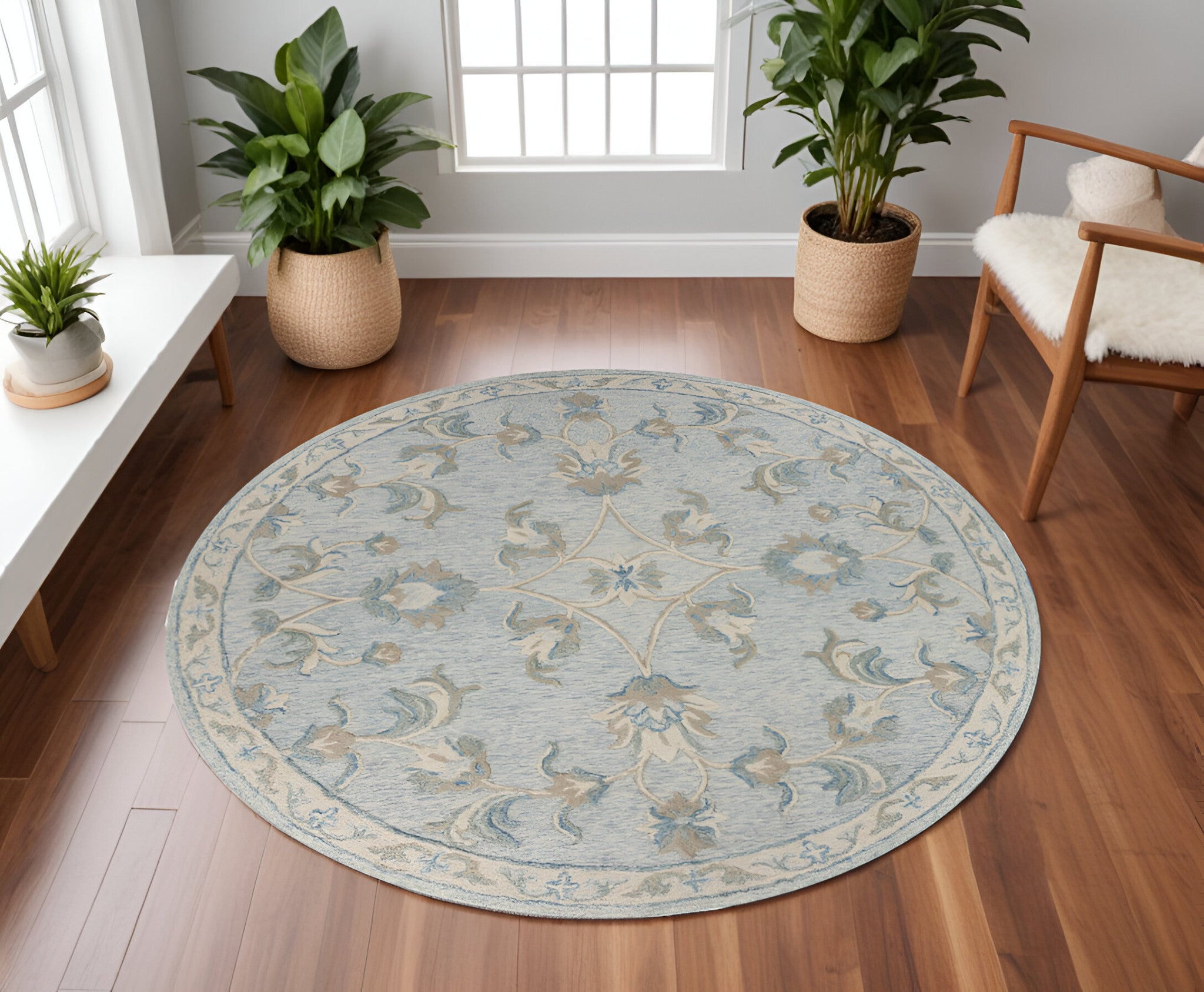 7' X 9' Blue And Ivory Wool Hand Tufted Area Rug-Area Rugs-DECOROLALA