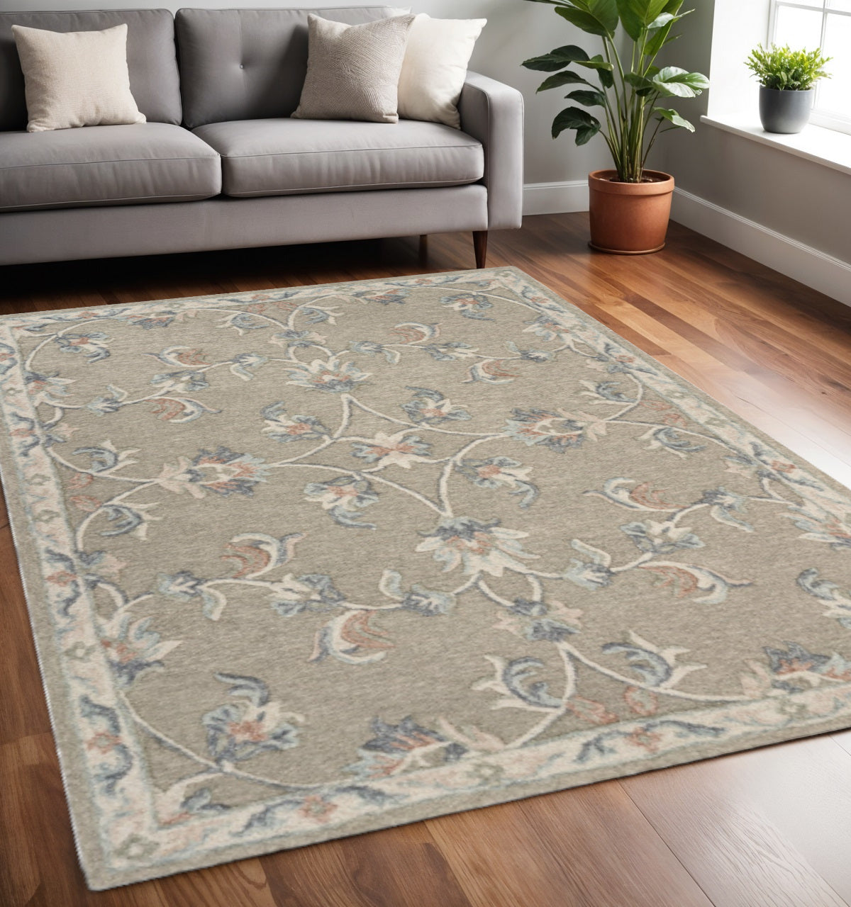 7' X 9' Blue And Ivory Wool Hand Tufted Area Rug-Area Rugs-DECOROLALA