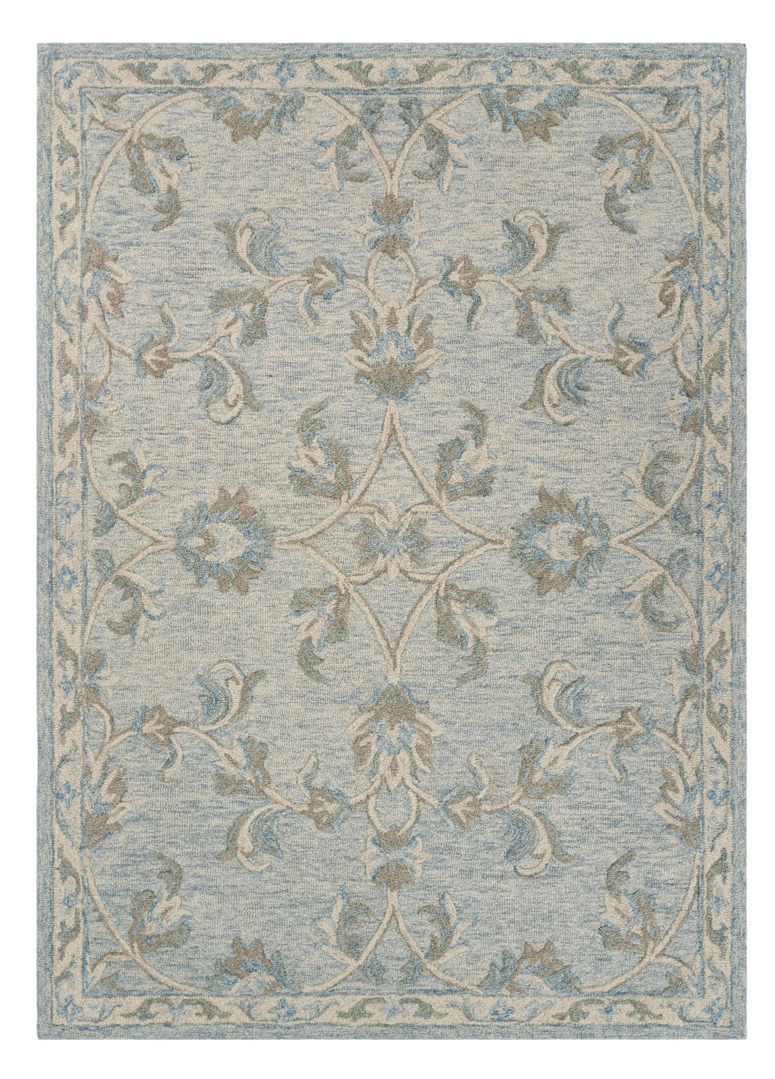 7' X 9' Blue And Ivory Wool Hand Tufted Area Rug-Area Rugs-DECOROLALA