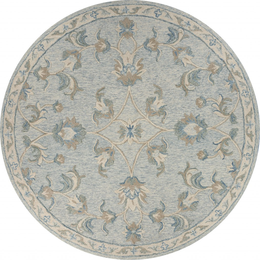 7' X 9' Blue And Ivory Wool Hand Tufted Area Rug-Area Rugs-DECOROLALA