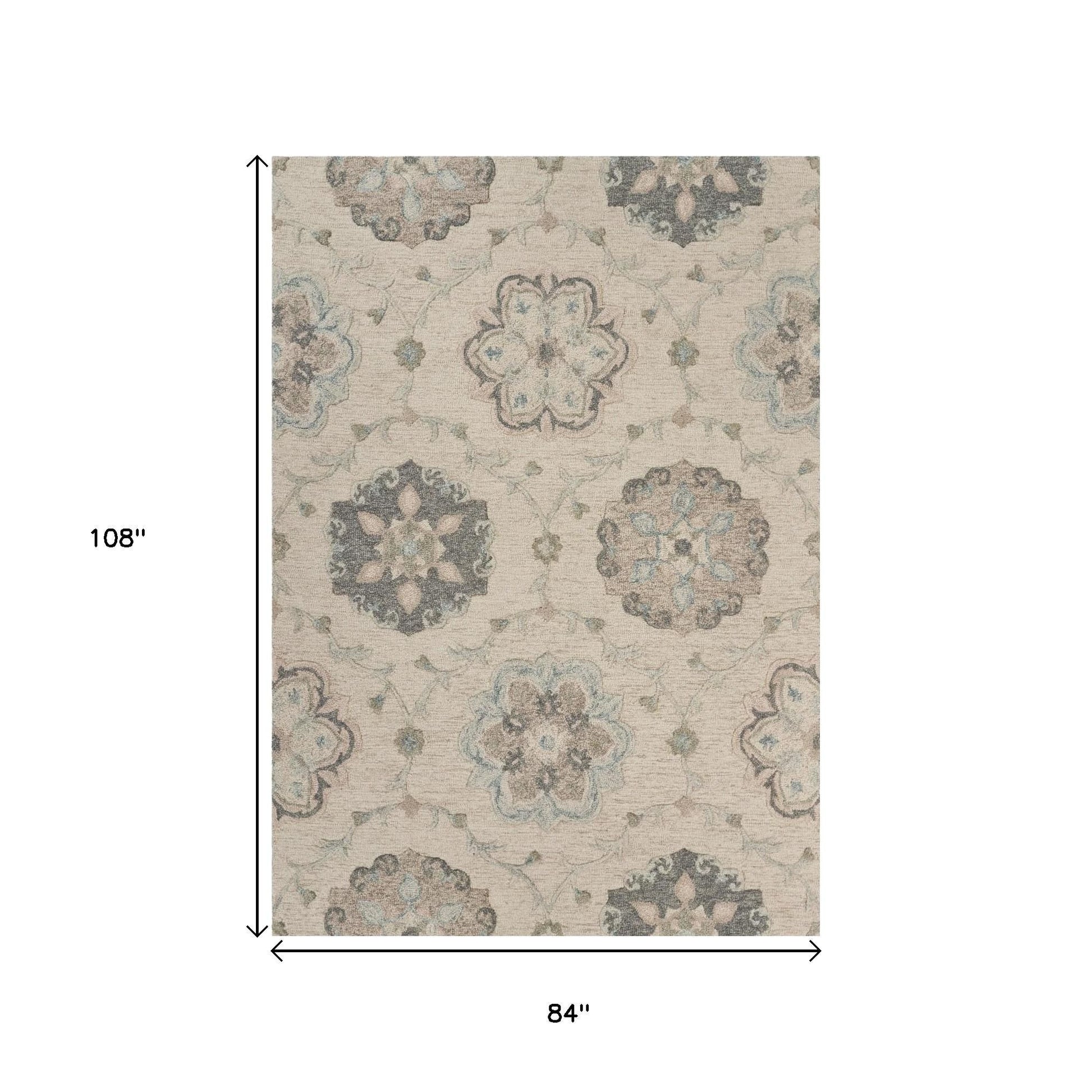 7' X 9' Blue And Ivory Wool Hand Tufted Area Rug-Area Rugs-DECOROLALA