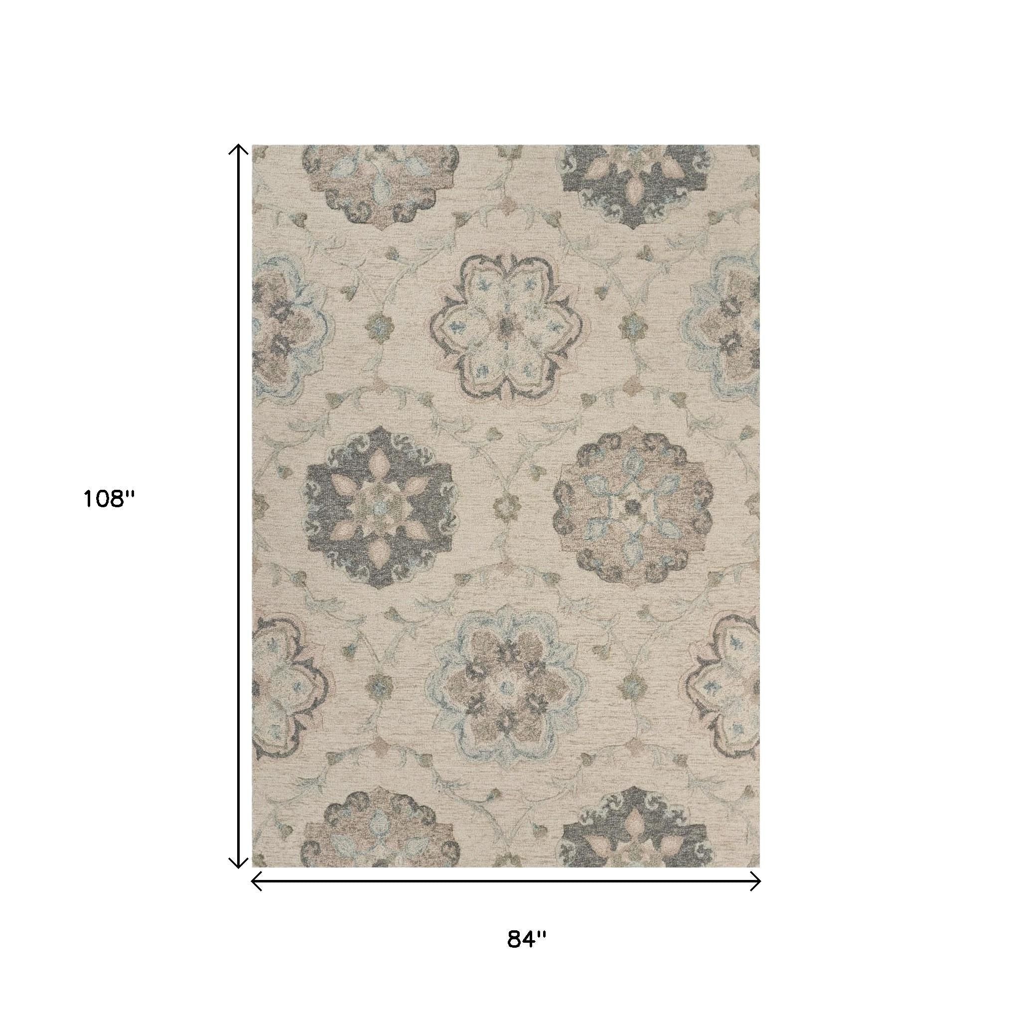 7' X 9' Blue And Ivory Wool Hand Tufted Area Rug-Area Rugs-DECOROLALA