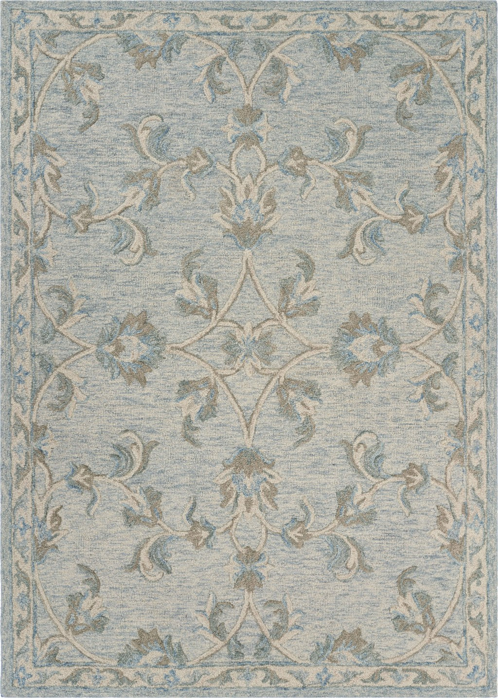 7' X 9' Blue And Ivory Wool Hand Tufted Area Rug-Area Rugs-DECOROLALA