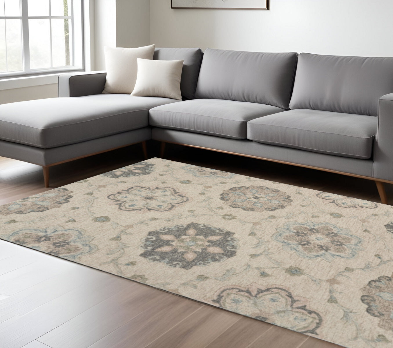 7' X 9' Blue And Ivory Wool Hand Tufted Area Rug-Area Rugs-DECOROLALA