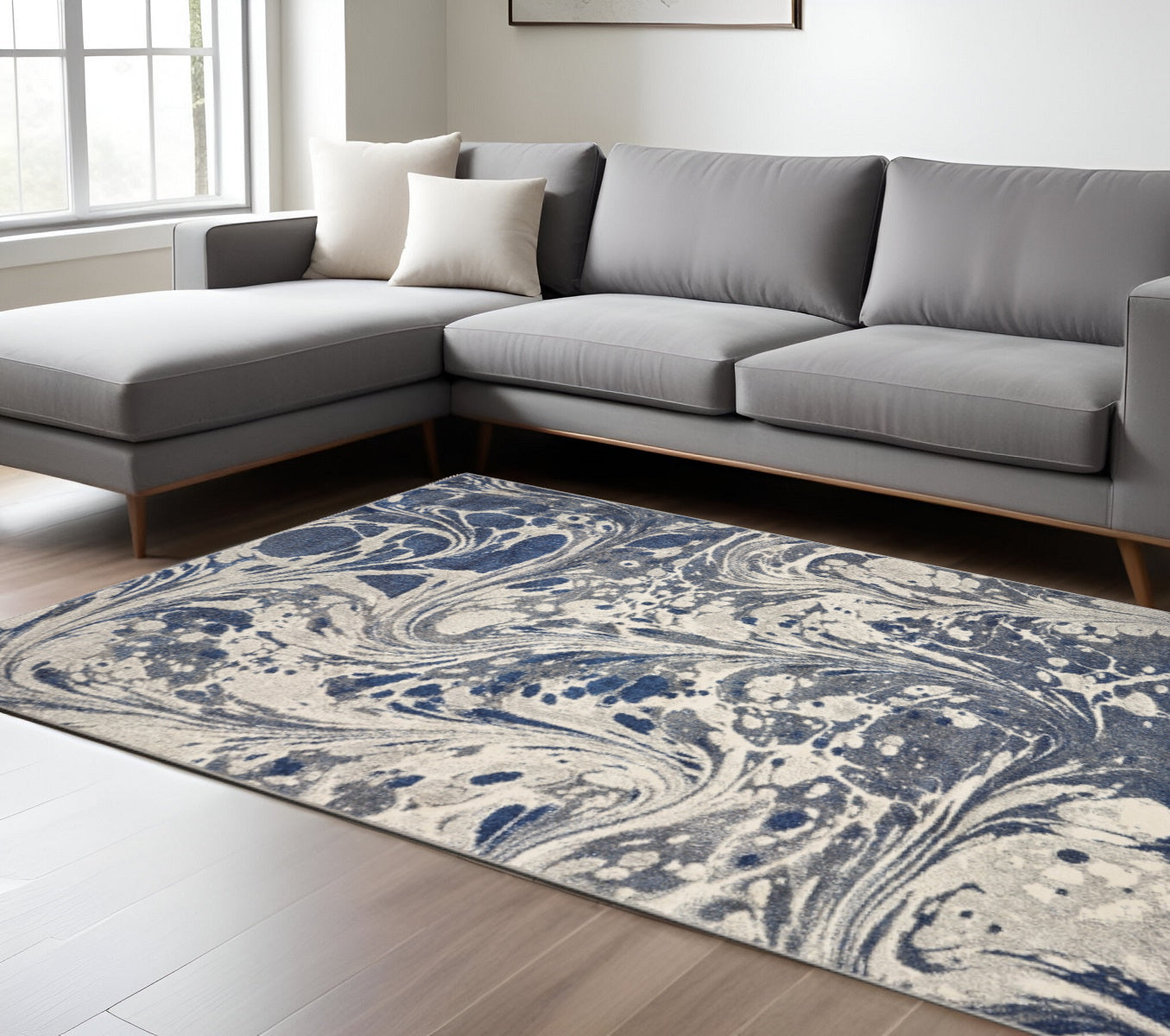 7' X 9' Blue Gray And Ivory Abstract Area Rug-Area Rugs-DECOROLALA