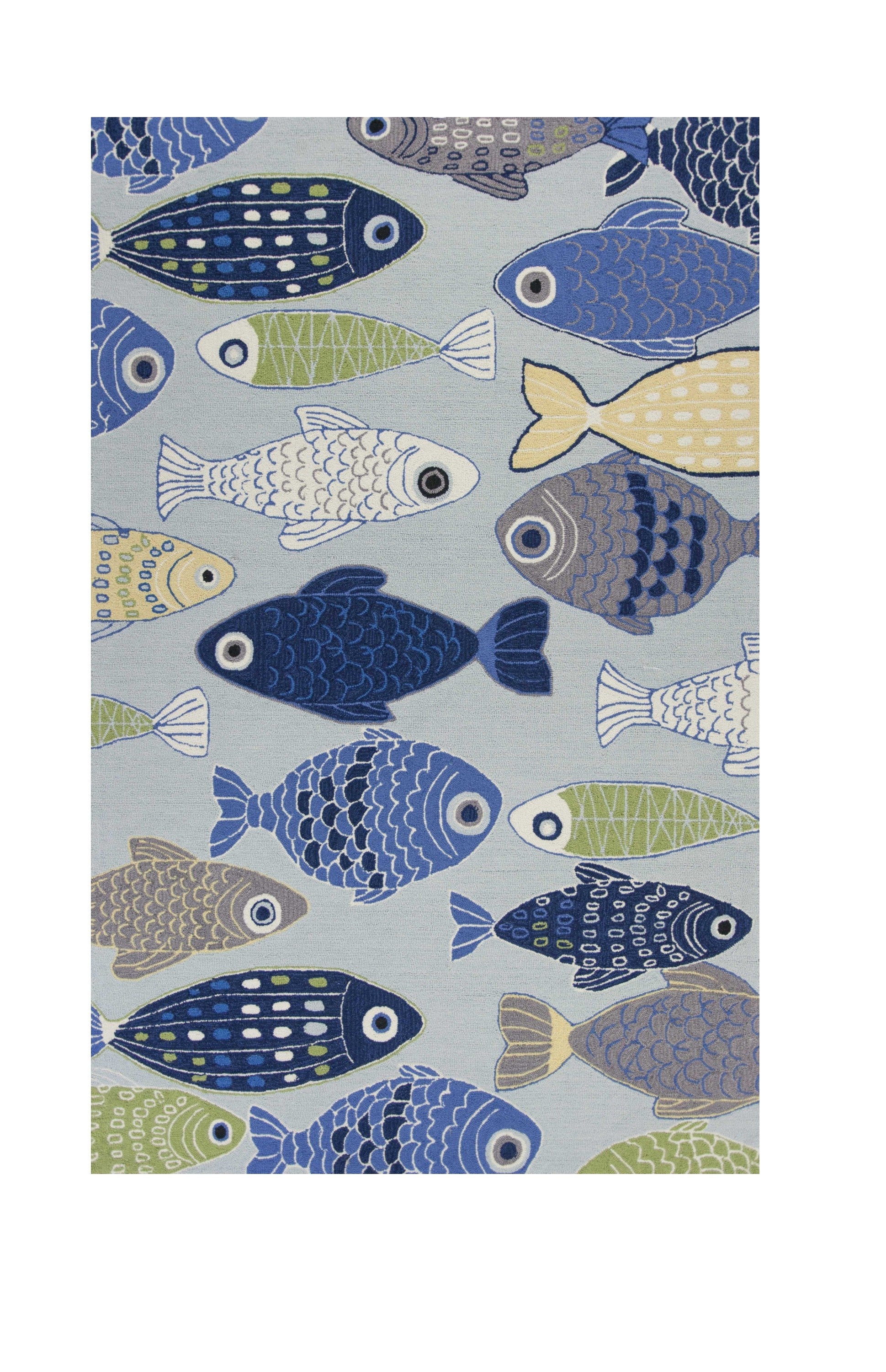 7' X 9' Blue Ivory And Green Fish Hand Tufted Area Rug-Area Rugs-DECOROLALA