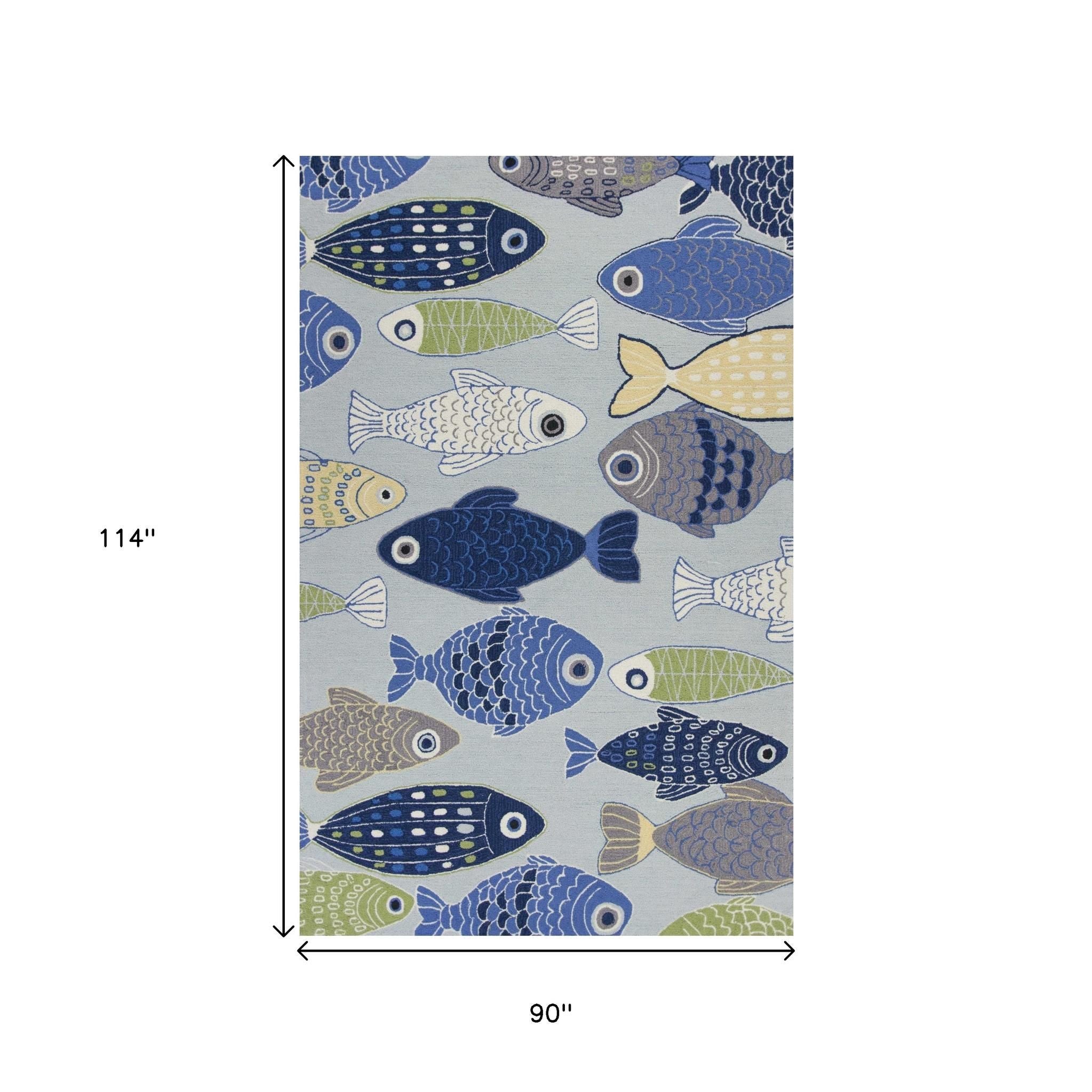 7' X 9' Blue Ivory And Green Fish Hand Tufted Area Rug-Area Rugs-DECOROLALA