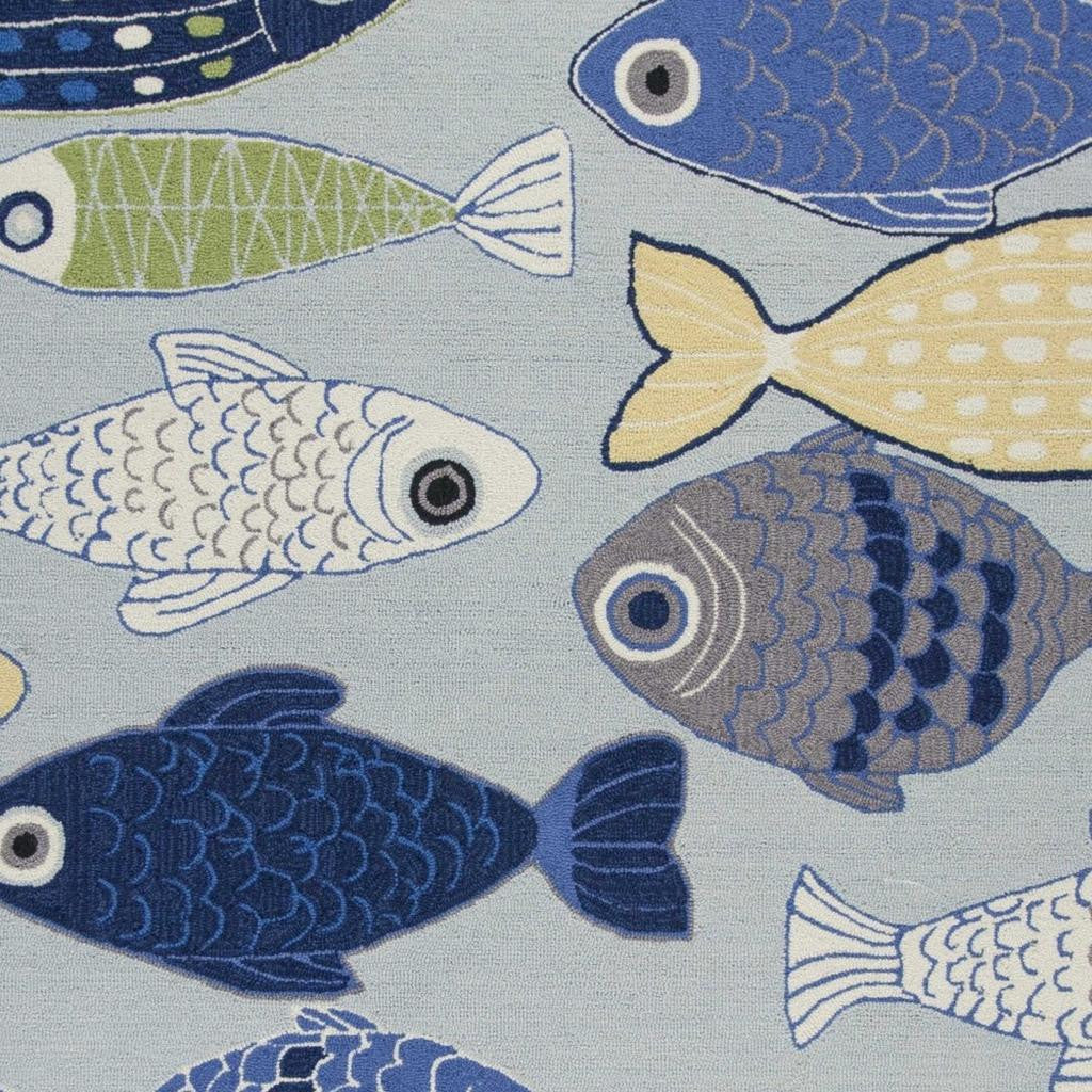 7' X 9' Blue Ivory And Green Fish Hand Tufted Area Rug-Area Rugs-DECOROLALA