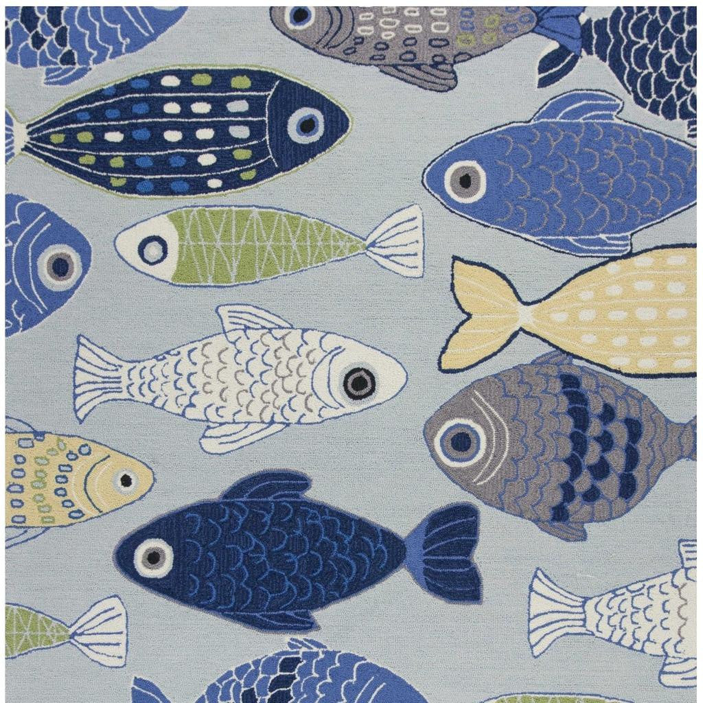 7' X 9' Blue Ivory And Green Fish Hand Tufted Area Rug-Area Rugs-DECOROLALA