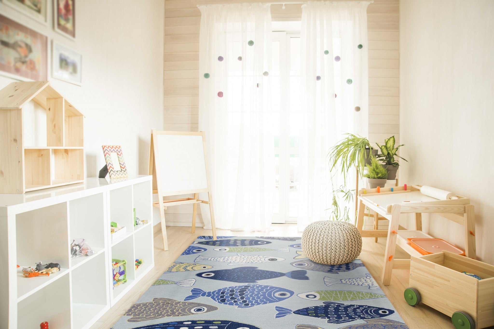 7' X 9' Blue Ivory And Green Fish Hand Tufted Area Rug-Area Rugs-DECOROLALA