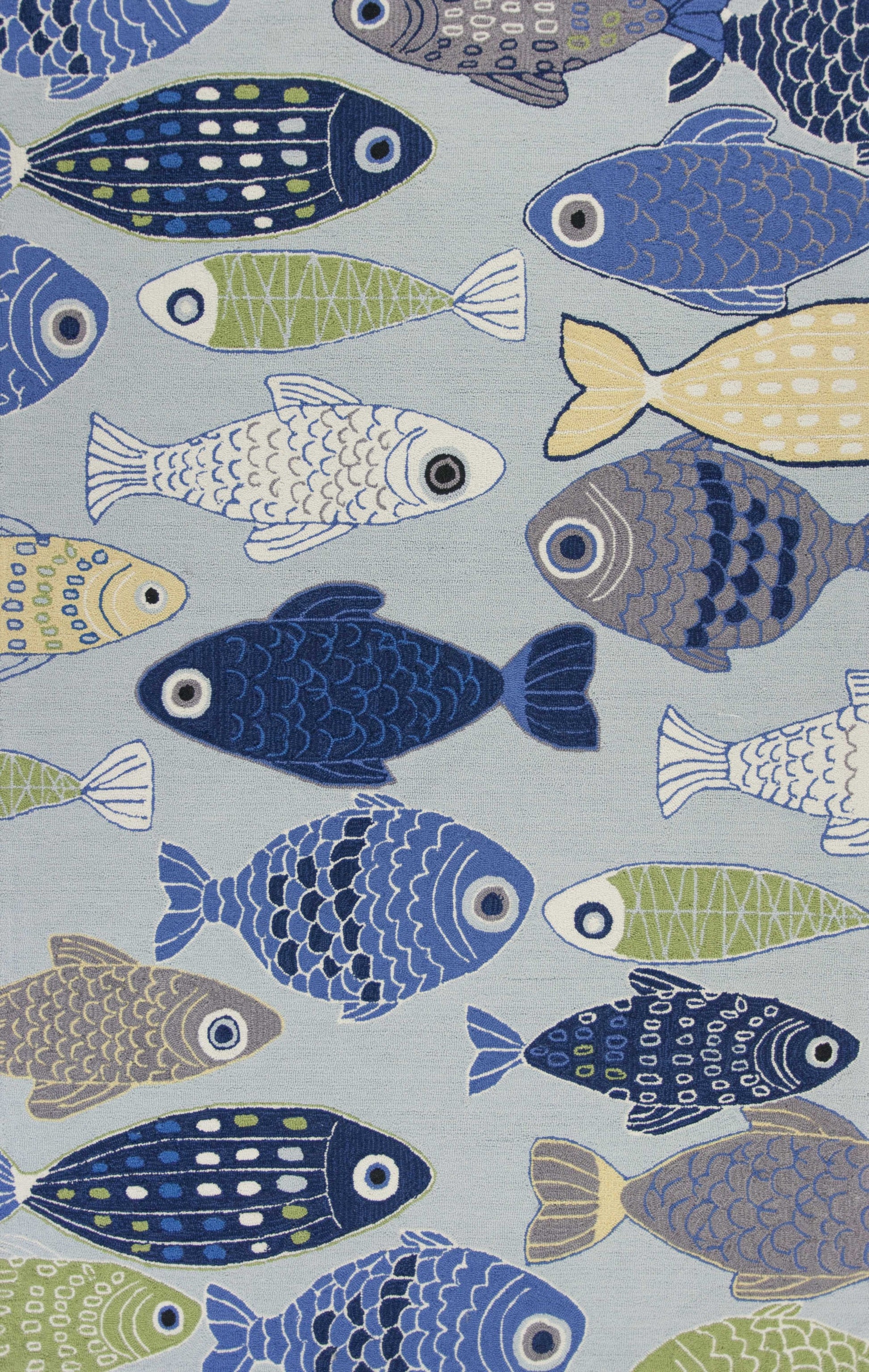 7' X 9' Blue Ivory And Green Fish Hand Tufted Area Rug-Area Rugs-DECOROLALA