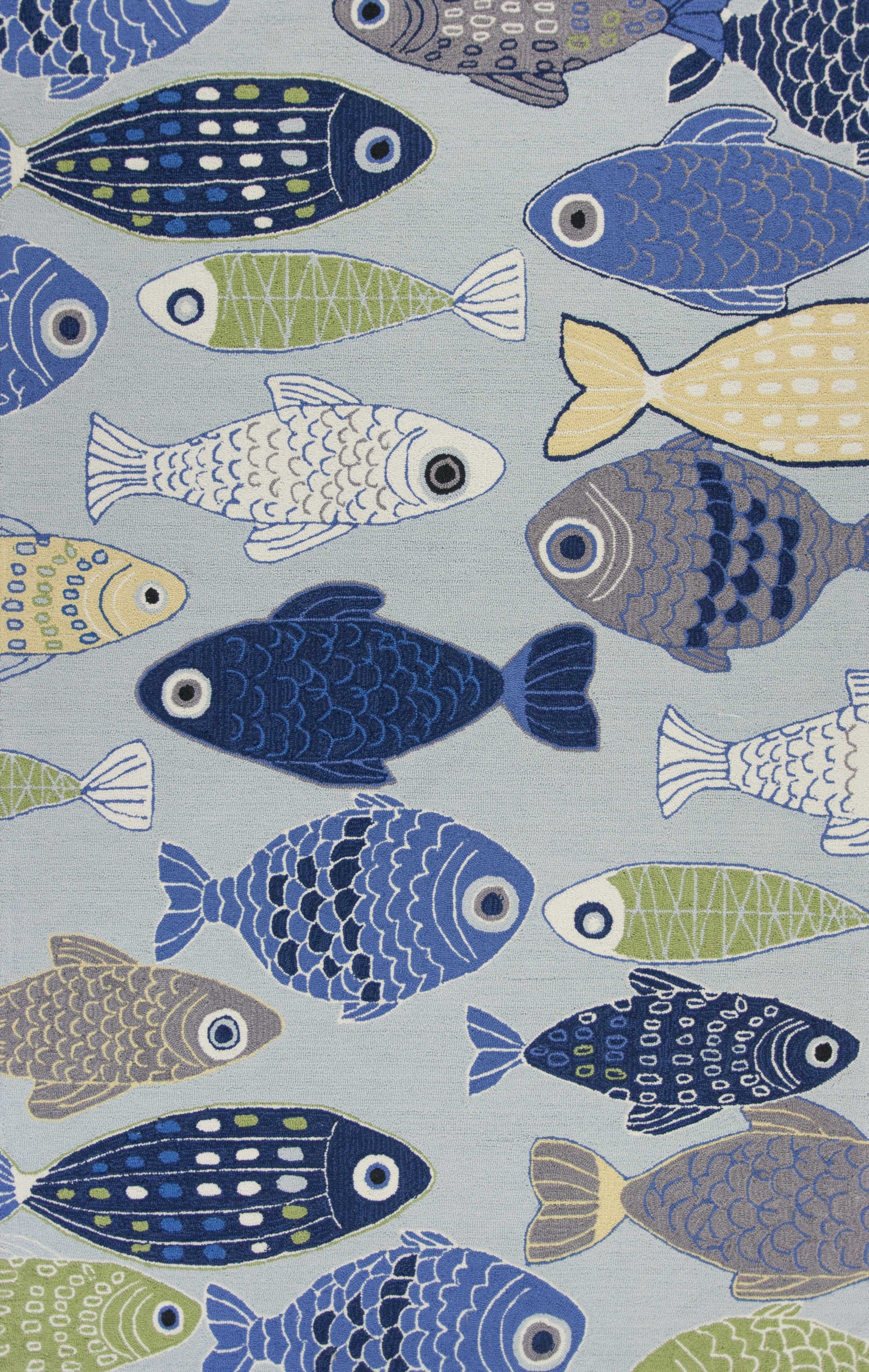 7' X 9' Blue Ivory And Green Fish Hand Tufted Area Rug-Area Rugs-DECOROLALA
