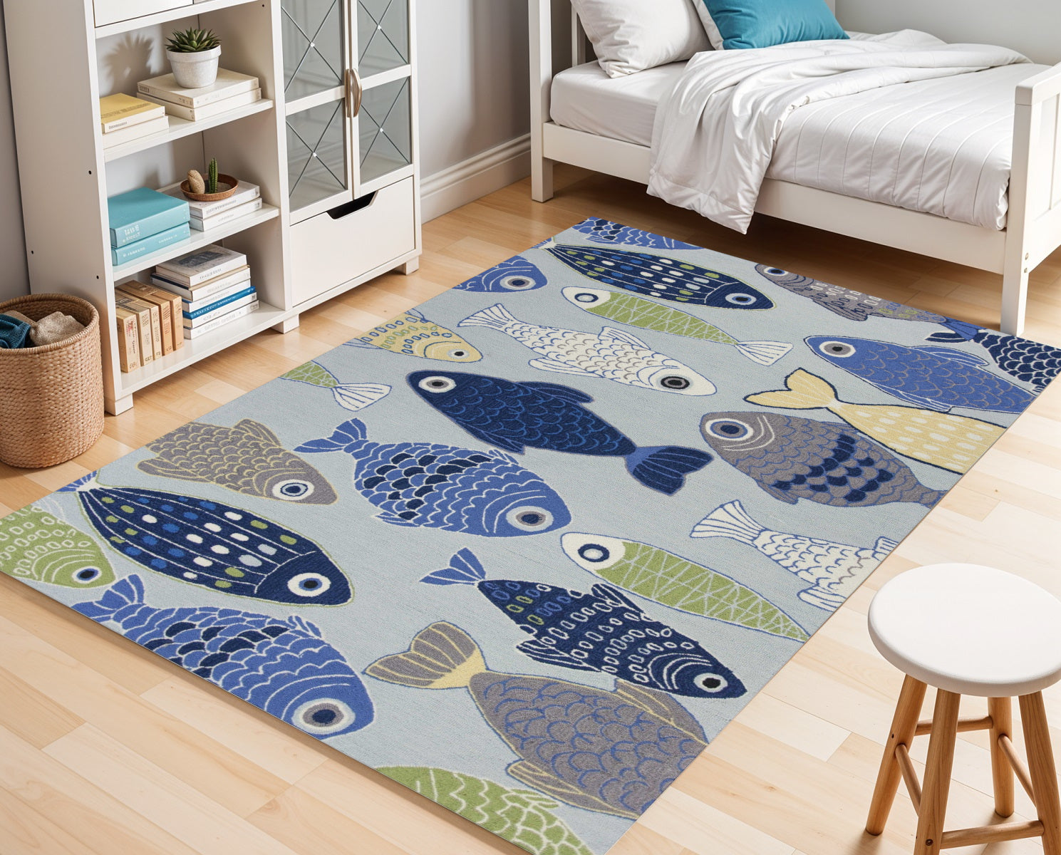 7' X 9' Blue Ivory And Green Fish Hand Tufted Area Rug-Area Rugs-DECOROLALA
