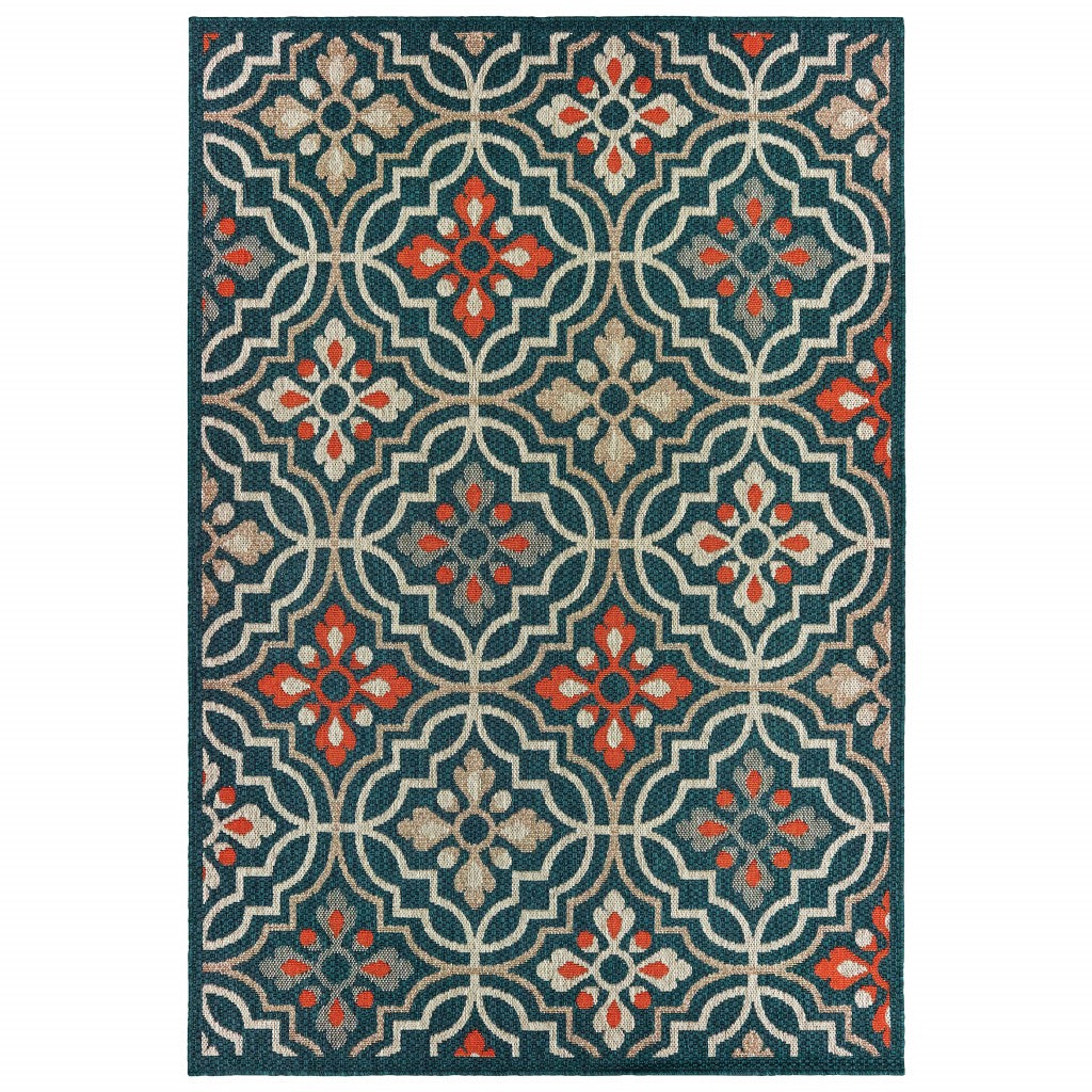 7' X 9' Blue and Orange Moroccan Indoor Outdoor Area Rug-Outdoor Rugs-DECOROLALA