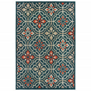 7' X 9' Blue and Orange Moroccan Indoor Outdoor Area Rug-Outdoor Rugs-DECOROLALA