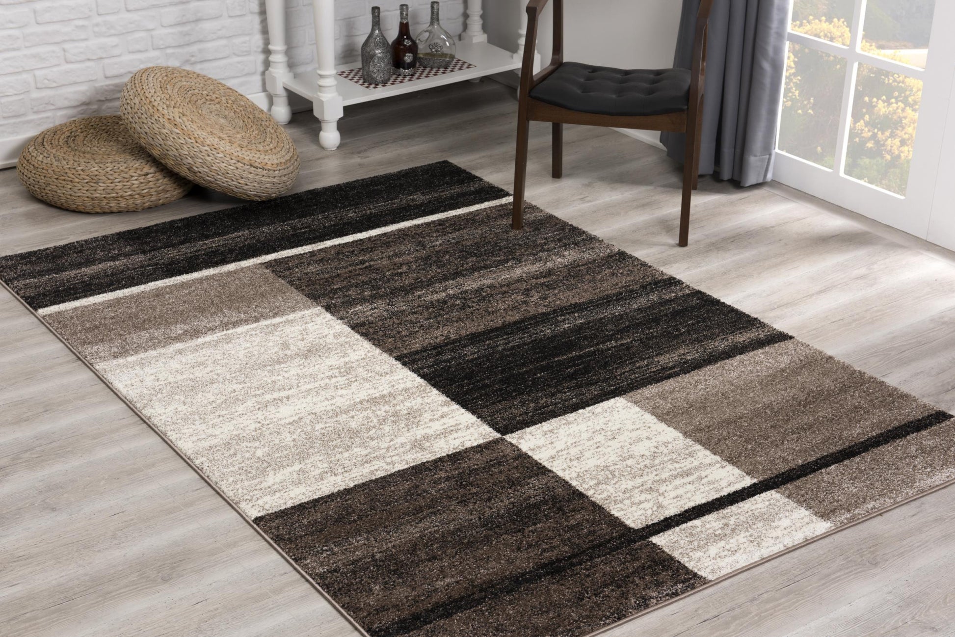 7' X 9' Brown And Beige Abstract Blocks Area Rug-Area Rugs-DECOROLALA