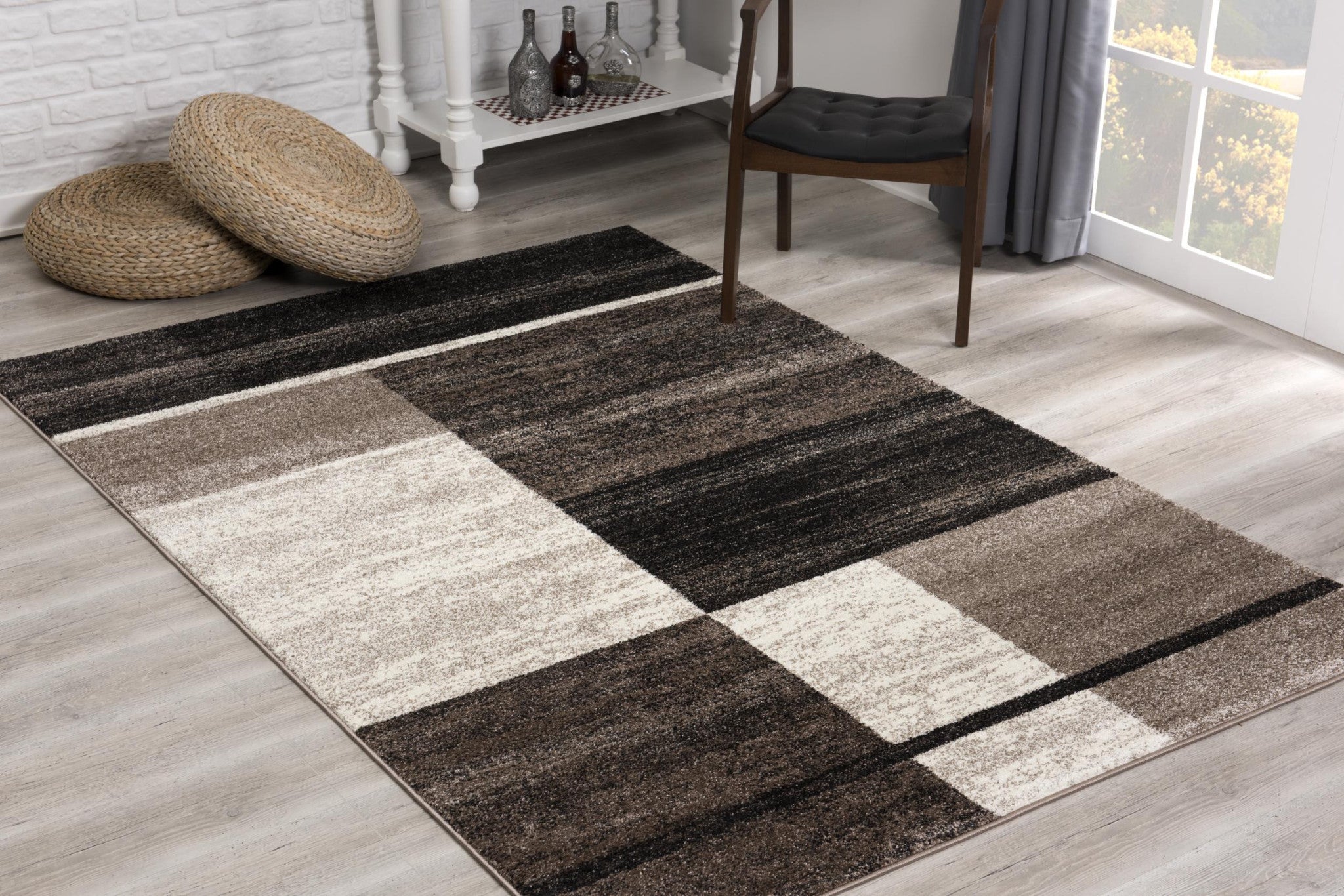 7' X 9' Brown And Beige Abstract Blocks Area Rug-Area Rugs-DECOROLALA
