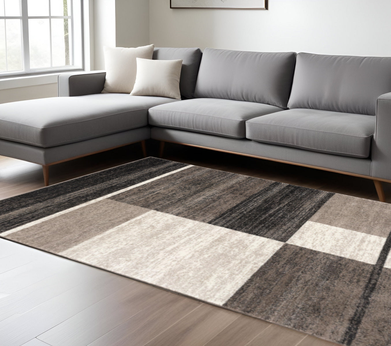 7' X 9' Brown And Beige Abstract Blocks Area Rug-Area Rugs-DECOROLALA