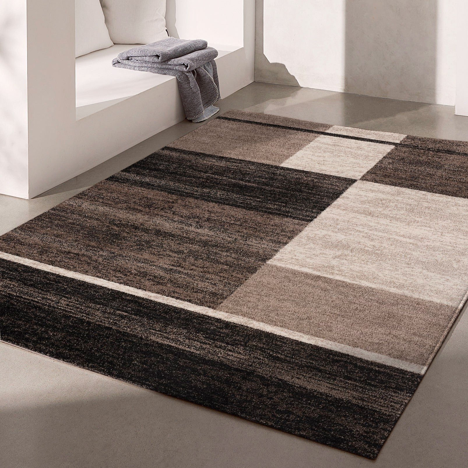 7' X 9' Brown And Beige Abstract Blocks Area Rug-Area Rugs-DECOROLALA