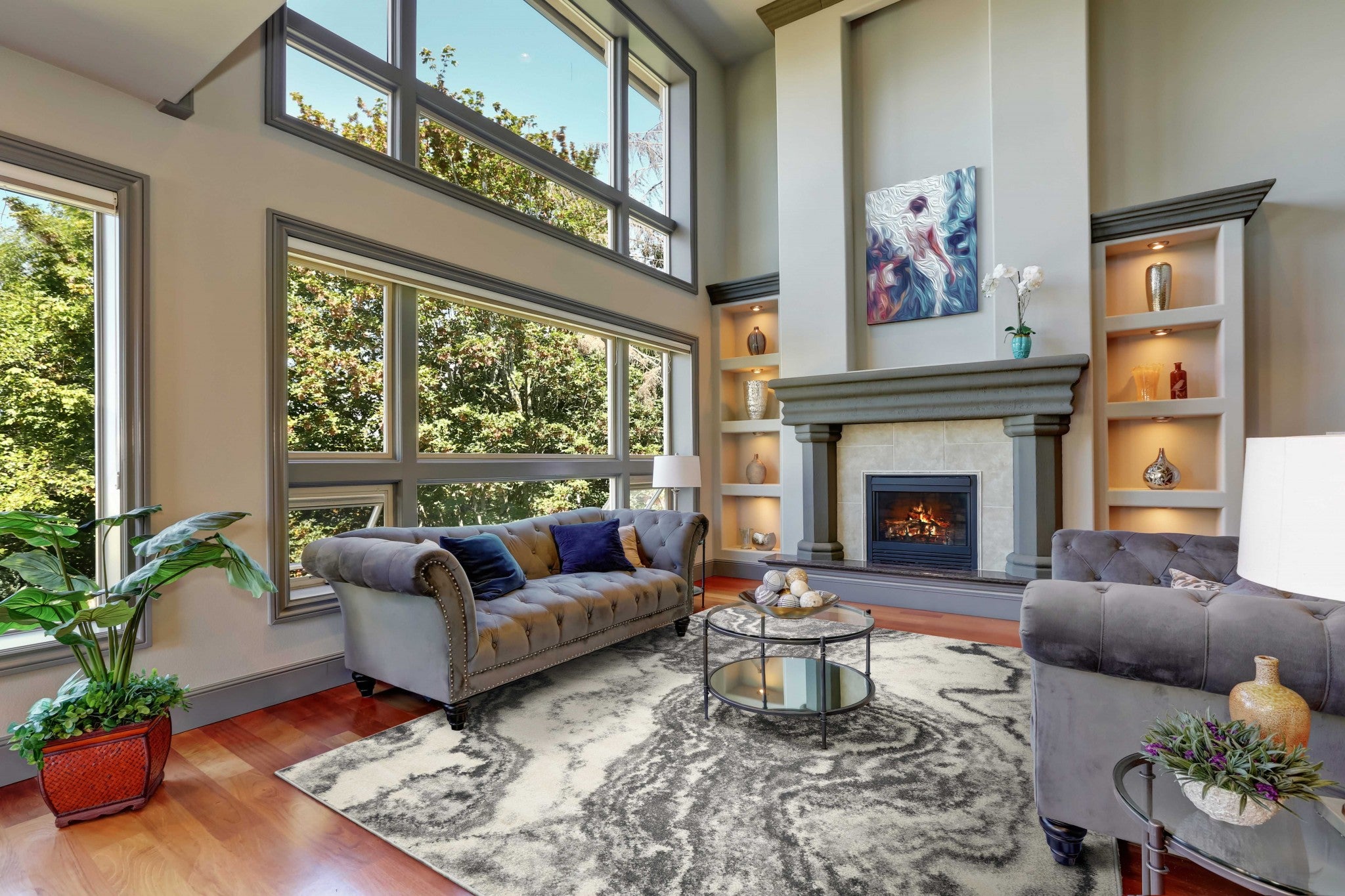 7' X 9' Gray And Ivory Abstract Area Rug-Area Rugs-DECOROLALA