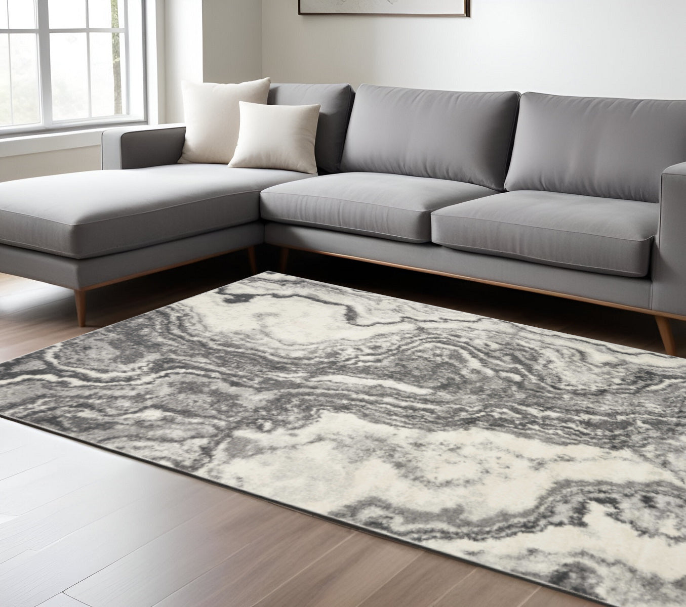 7' X 9' Gray And Ivory Abstract Area Rug-Area Rugs-DECOROLALA