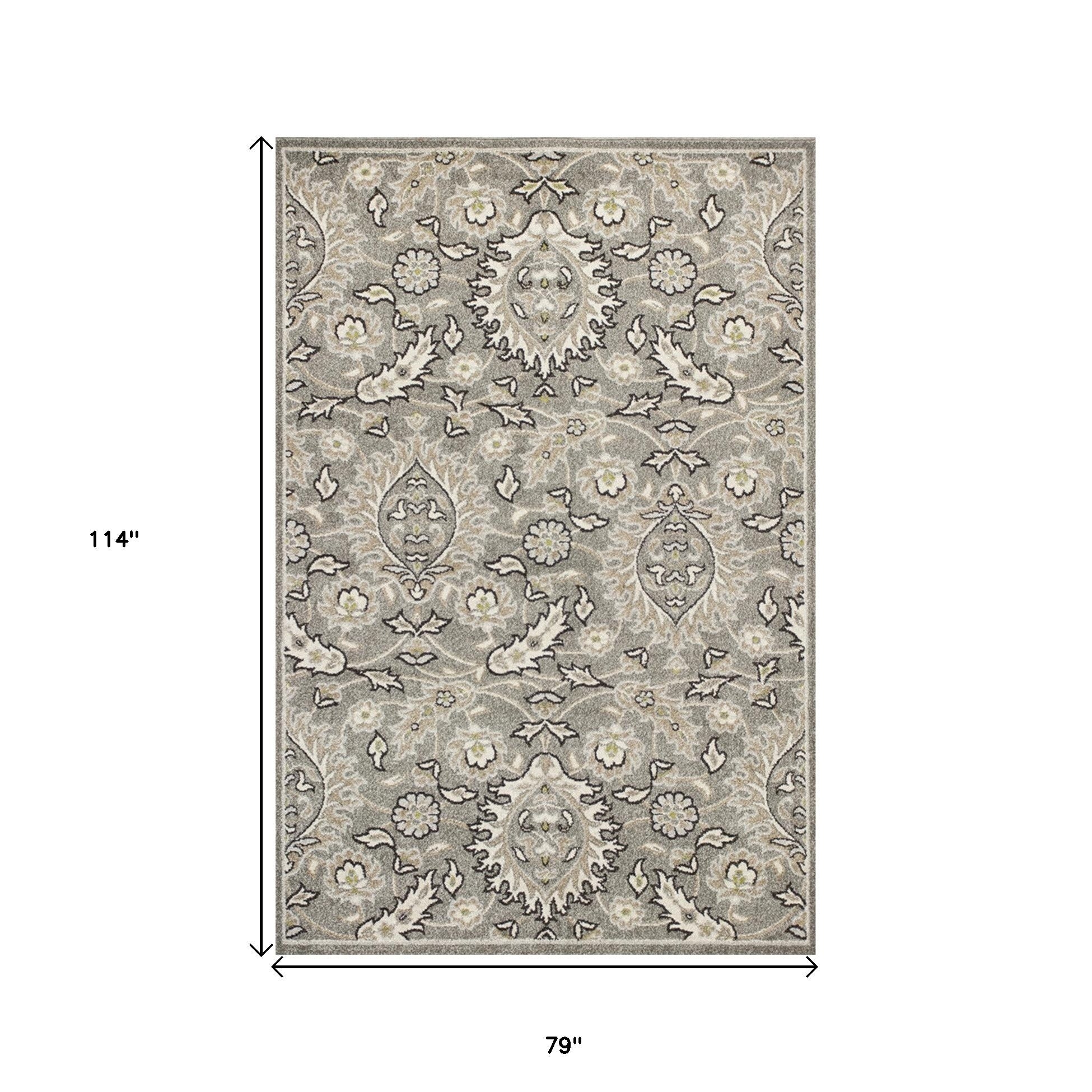 7' X 9' Gray And Ivory Floral Medallion Area Rug With UV Protection-Area Rugs-DECOROLALA