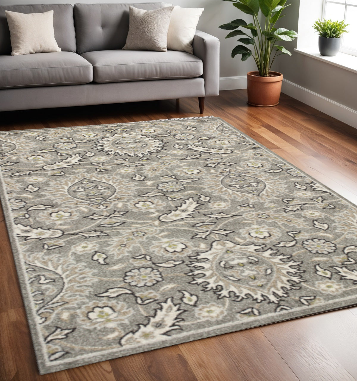 7' X 9' Gray And Ivory Floral Medallion Area Rug With UV Protection-Area Rugs-DECOROLALA