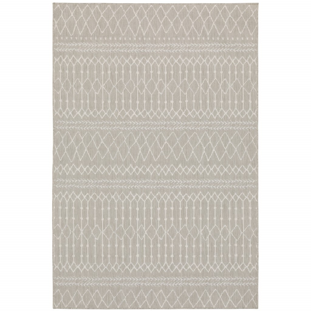 7' X 9' Gray And Ivory Geometric Indoor Outdoor Area Rug-Outdoor Rugs-DECOROLALA