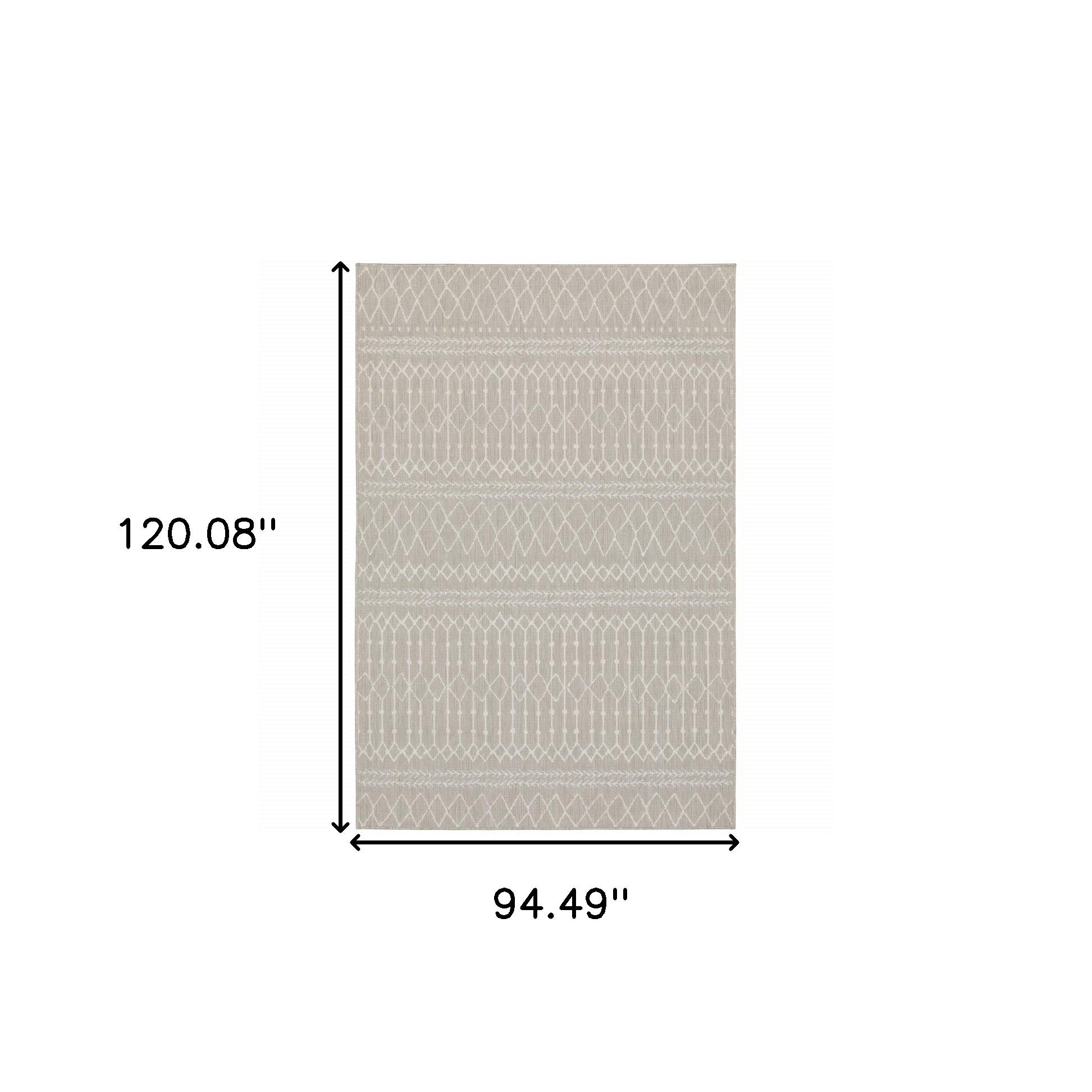 7' X 9' Gray And Ivory Geometric Indoor Outdoor Area Rug-Outdoor Rugs-DECOROLALA