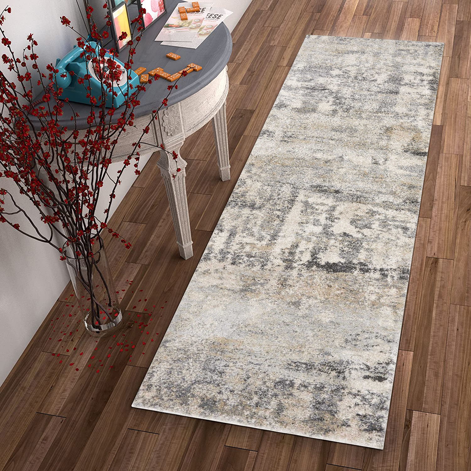 7' X 9' Gray And Tan Abstract Area Rug-Area Rugs-DECOROLALA