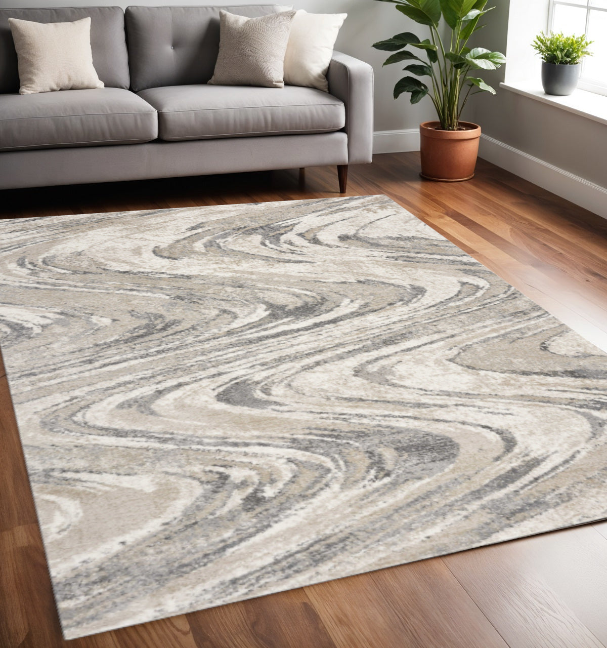 7' X 9' Gray And Tan Abstract Area Rug-Area Rugs-DECOROLALA