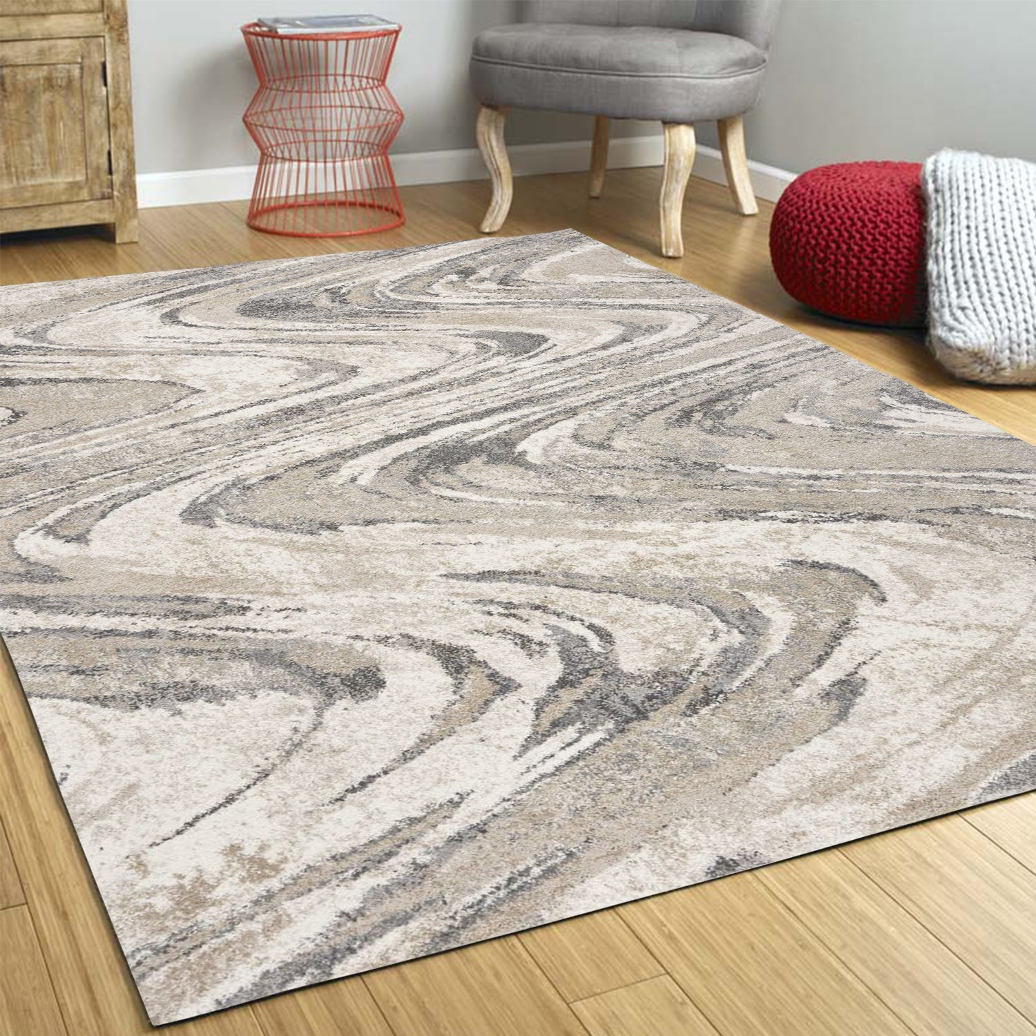 7' X 9' Gray And Tan Abstract Area Rug-Area Rugs-DECOROLALA