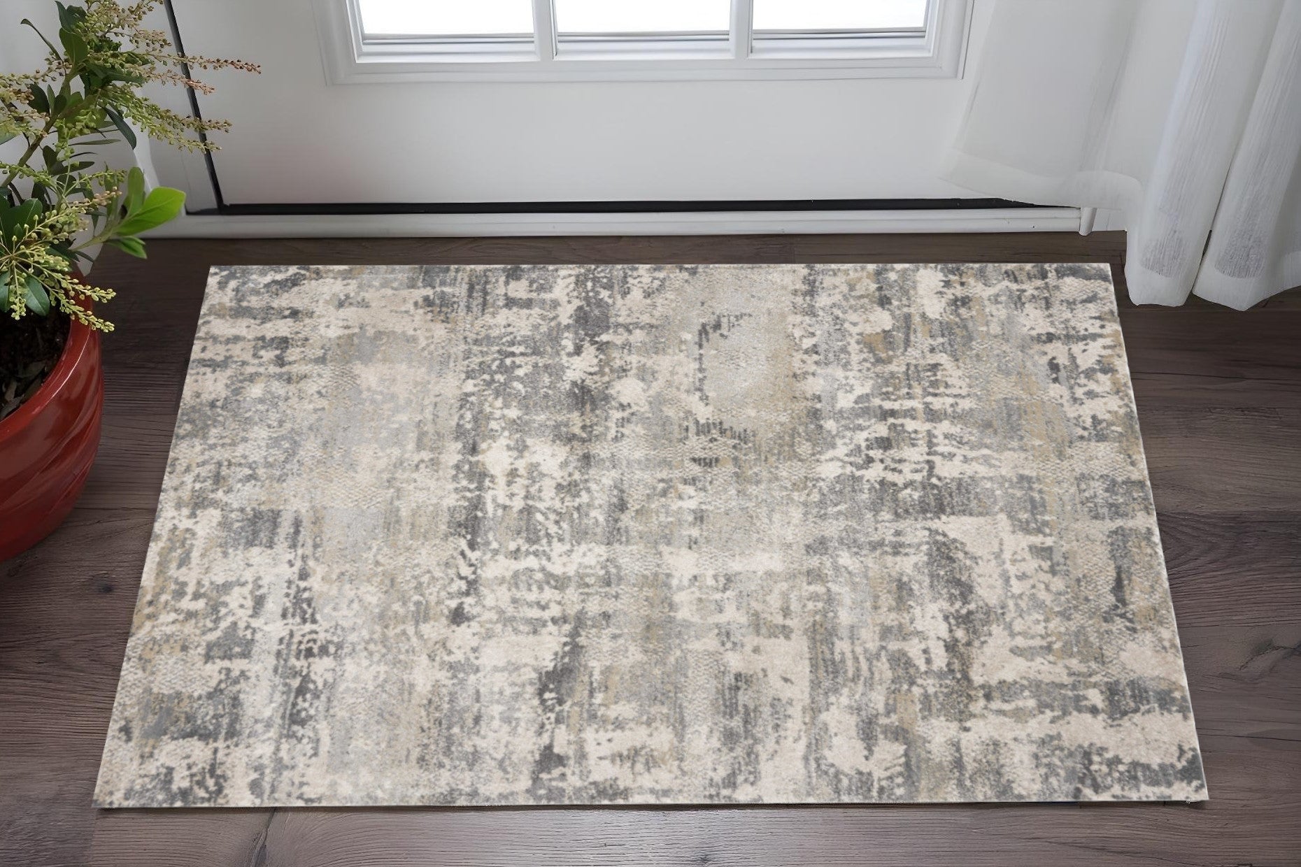 7' X 9' Gray And Tan Abstract Area Rug-Area Rugs-DECOROLALA