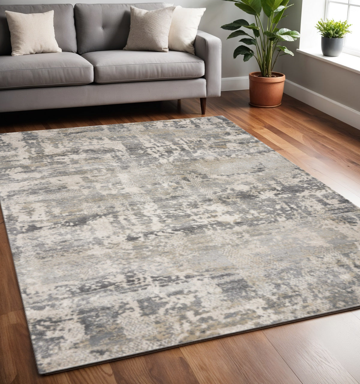7' X 9' Gray And Tan Abstract Area Rug-Area Rugs-DECOROLALA