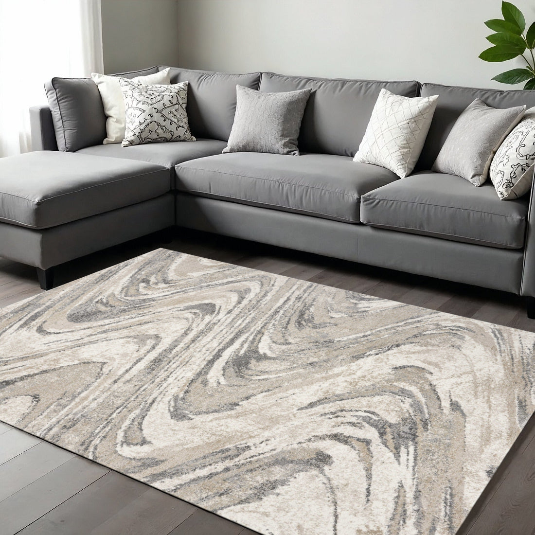 7' X 9' Gray And Tan Abstract Area Rug-Area Rugs-DECOROLALA
