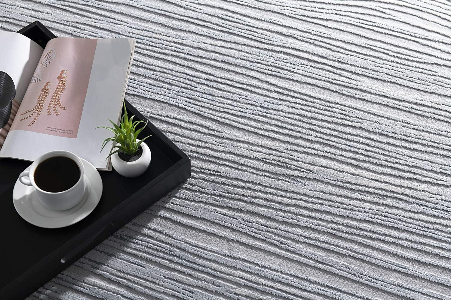 7' X 9' Gray and Ivory Striped Power Loom Area Rug-Area Rugs-DECOROLALA