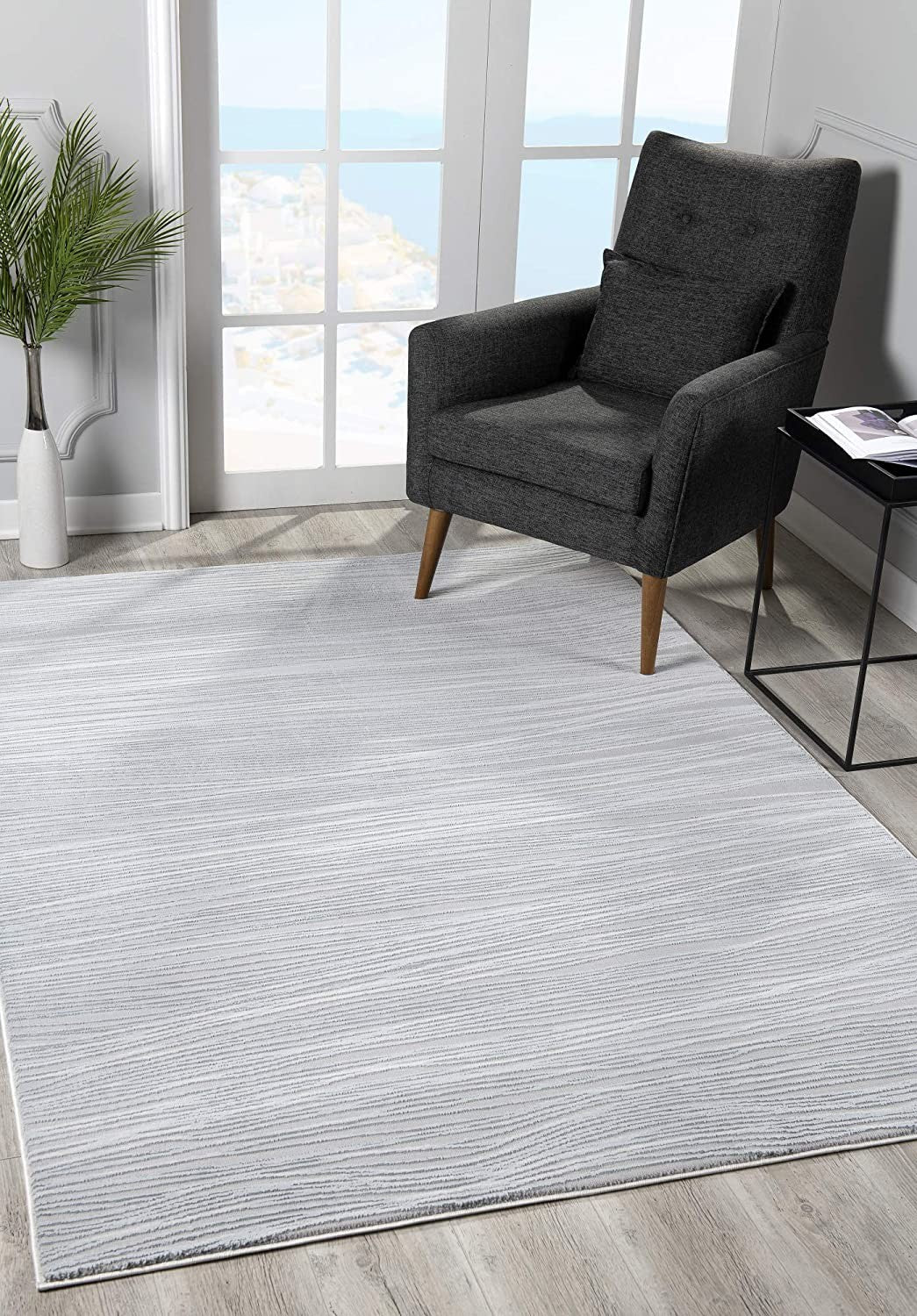 7' X 9' Gray and Ivory Striped Power Loom Area Rug-Area Rugs-DECOROLALA