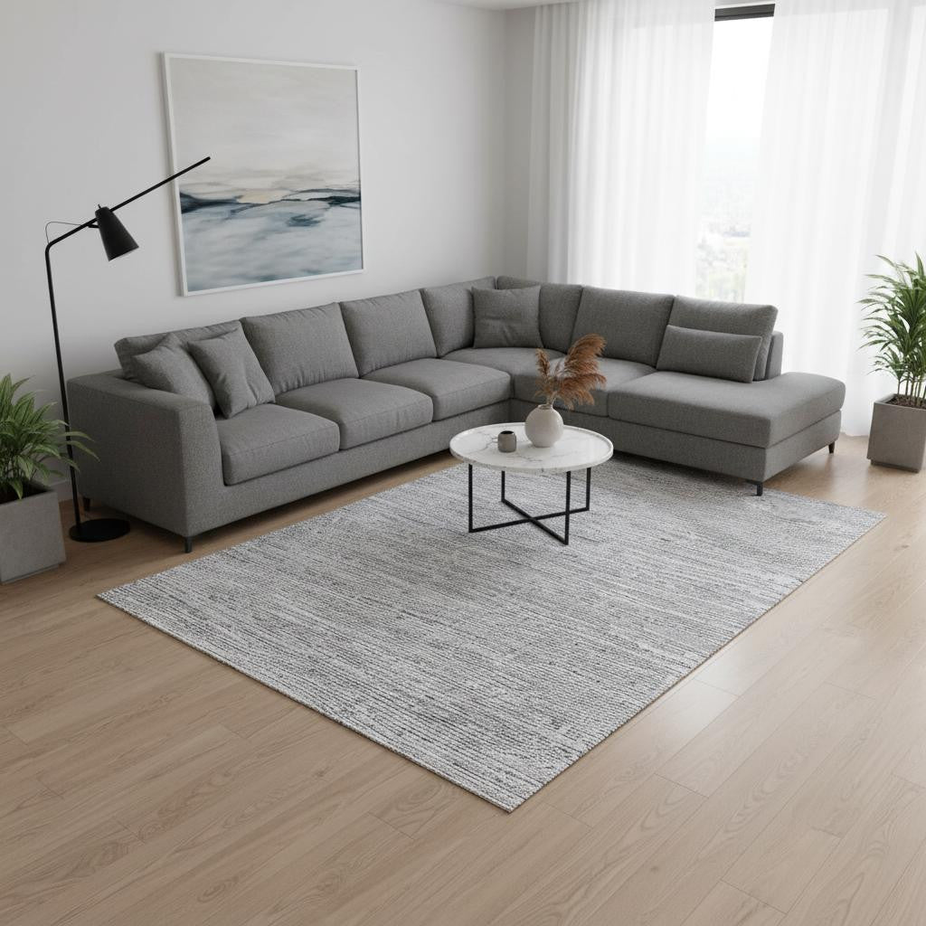 7' X 9' Gray and Ivory Striped Power Loom Area Rug-Area Rugs-DECOROLALA