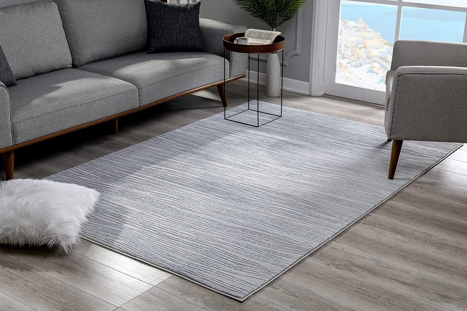 7' X 9' Gray and Ivory Striped Power Loom Area Rug-Area Rugs-DECOROLALA