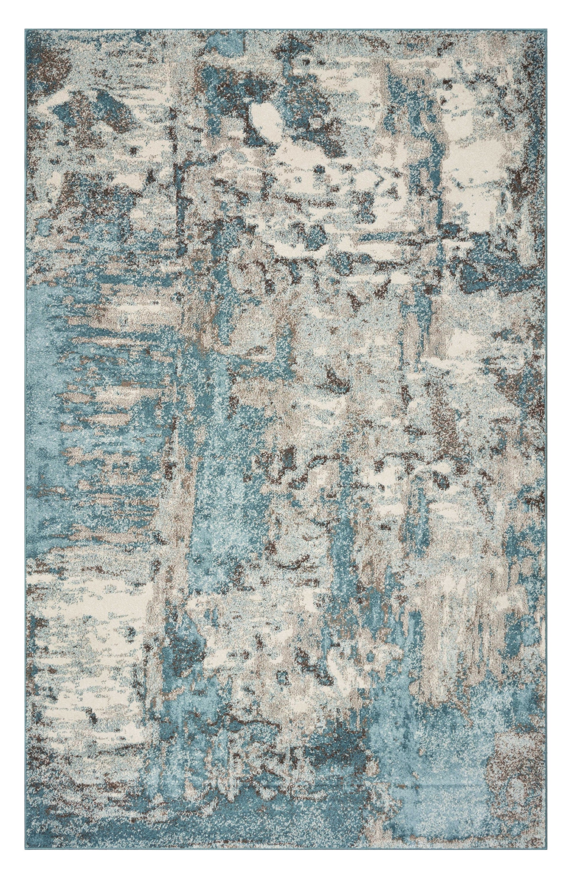 7' X 9' Ivory And Teal Abstract Area Rug-Area Rugs-DECOROLALA