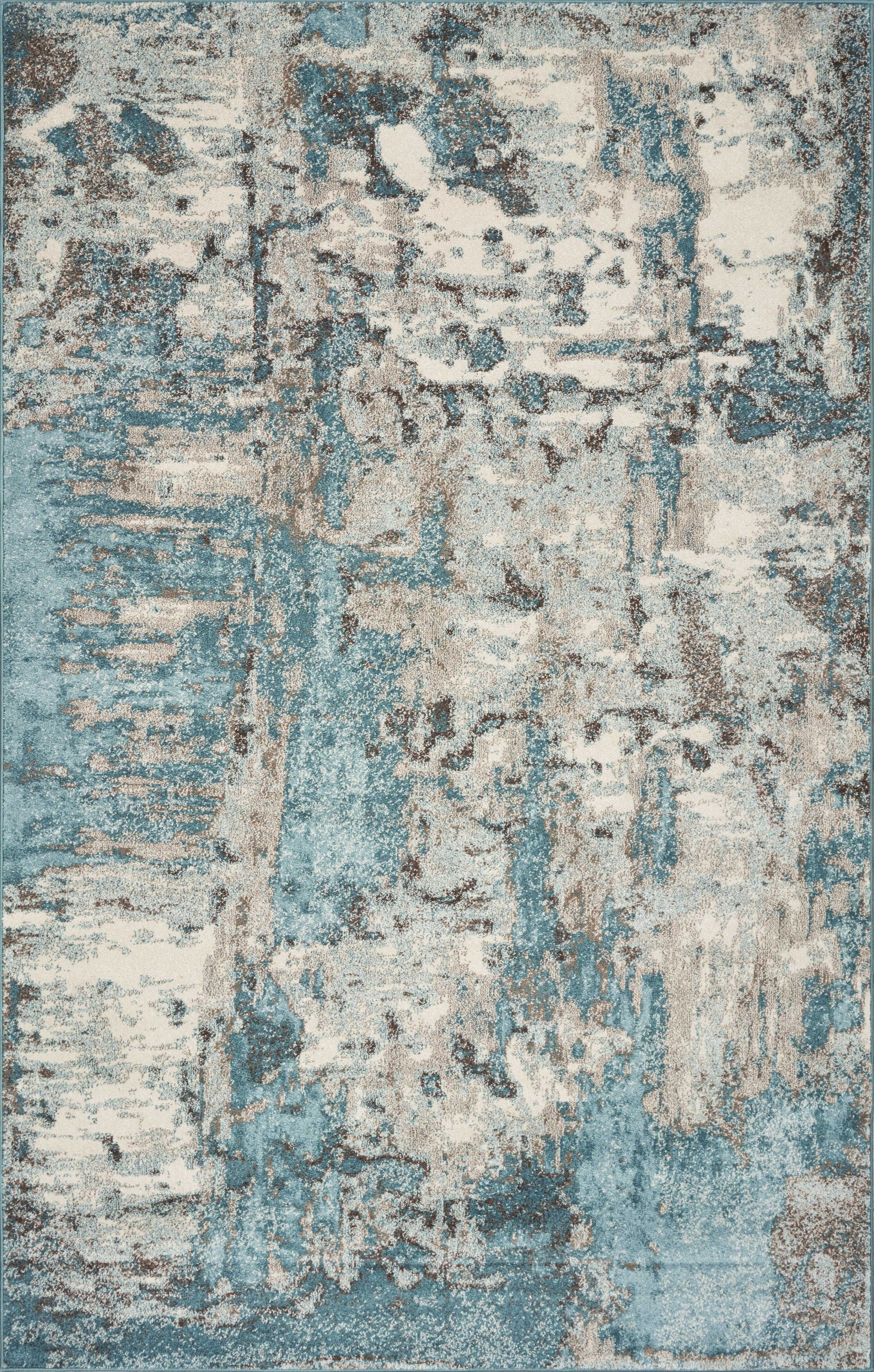 7' X 9' Ivory And Teal Abstract Area Rug-Area Rugs-DECOROLALA