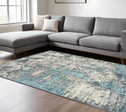7' X 9' Ivory And Teal Abstract Area Rug-Area Rugs-DECOROLALA