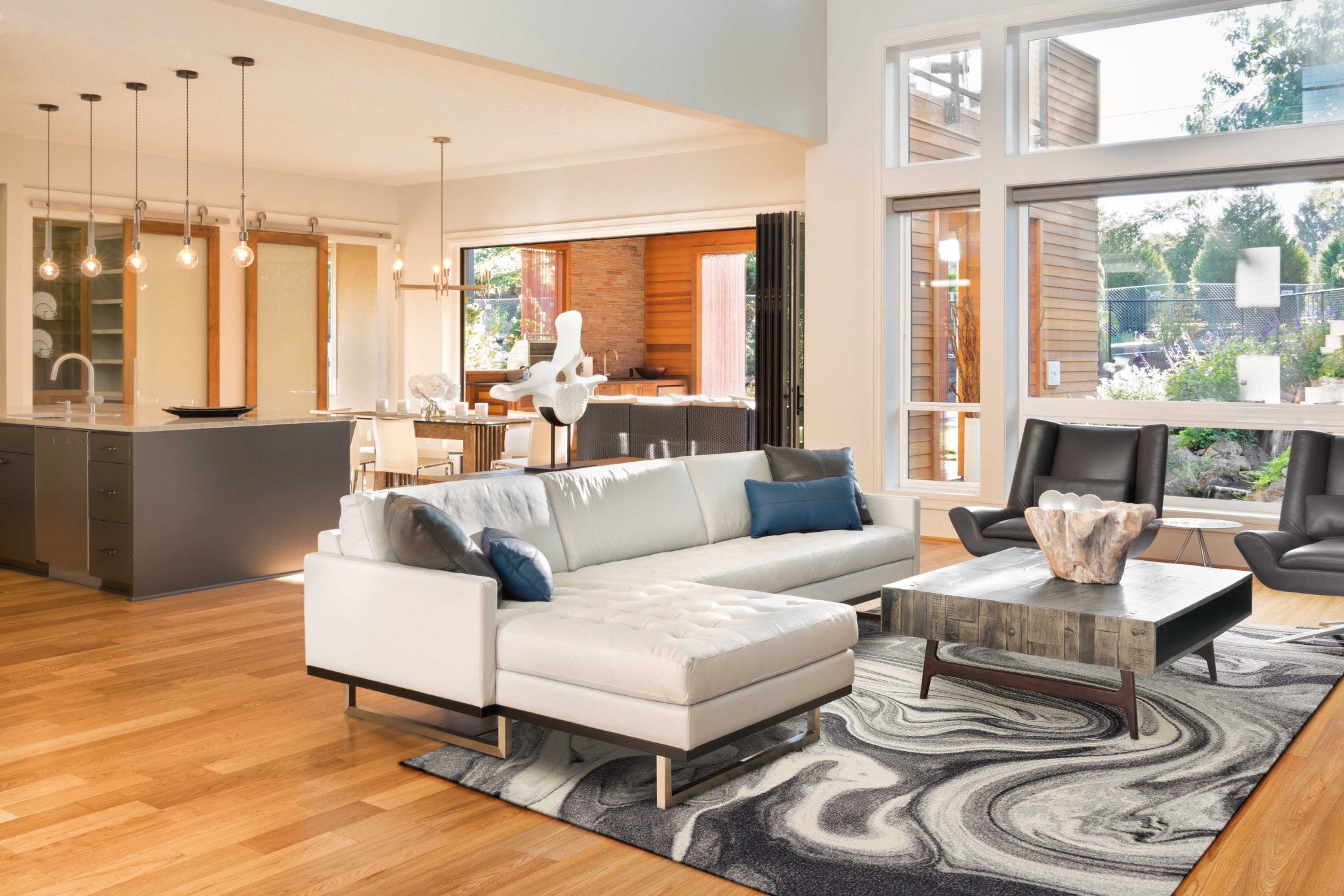 7' X 9' Ivory Black And Gray Abstract Shag Area Rug-Area Rugs-DECOROLALA