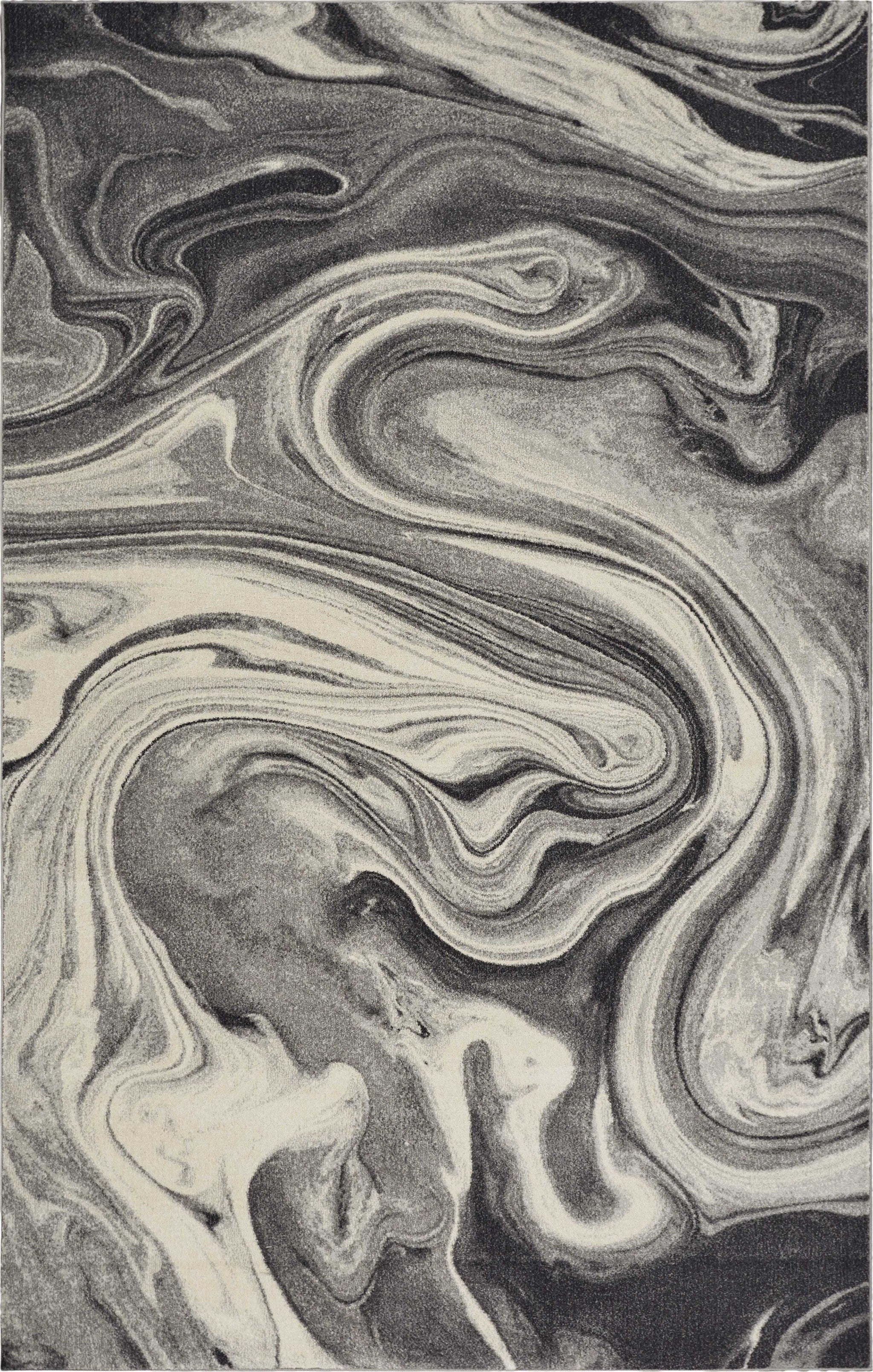 7' X 9' Ivory Black And Gray Abstract Shag Area Rug-Area Rugs-DECOROLALA